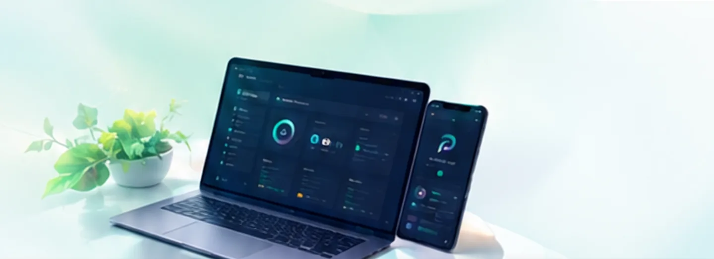 Laptop and smartphone showing a Protik IT software dashboard beside a small plant
