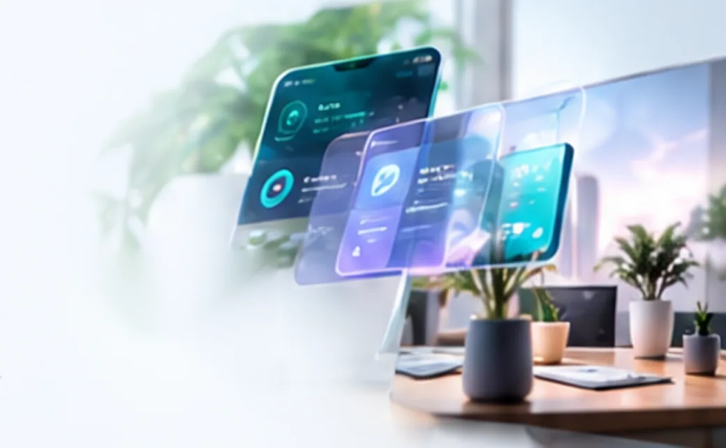 Modern workspace with floating software dashboards, plants and natural light